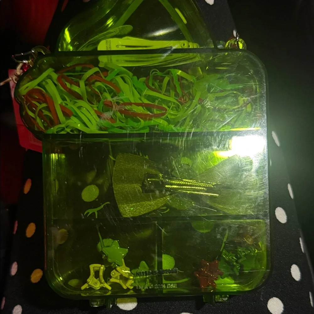 Grinch-Shaped Box with Beaded Bracelet with hair accessories